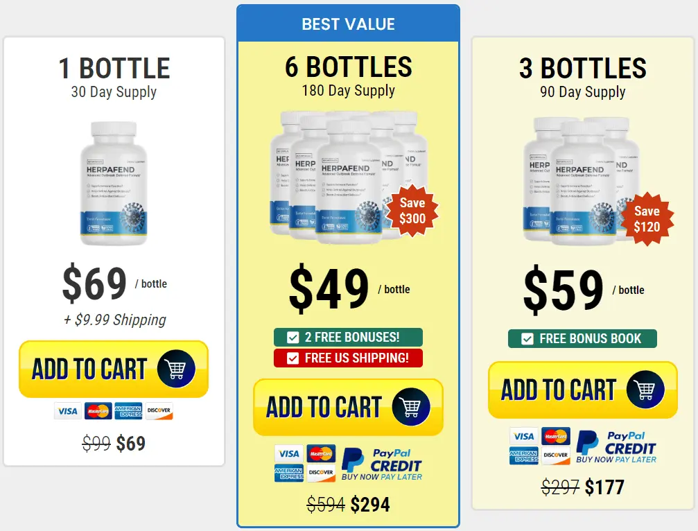 herpafend pricing bundles showing 1, 3, and 6 bottle options
